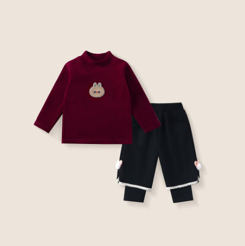 Sweatshirt Set Winter Fleece-Lined Thickened One-Piece Fleece Baby Korean-Style Fake Two-Piece Pants Set