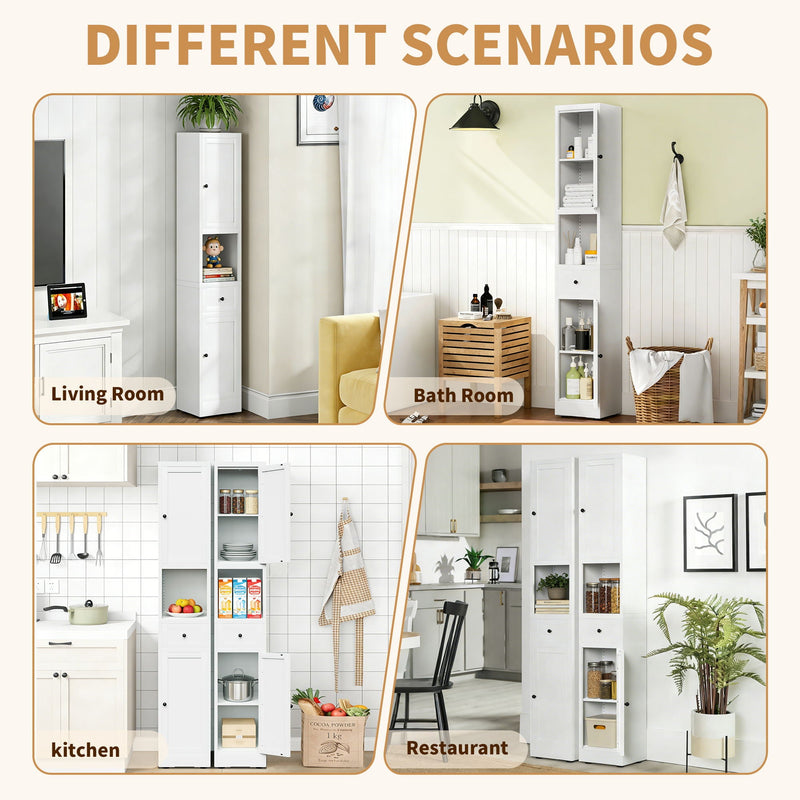 Tall Narrow Bathroom Cabinet With 5-Tier Storage, Adjustable Shelves, Freestanding - White