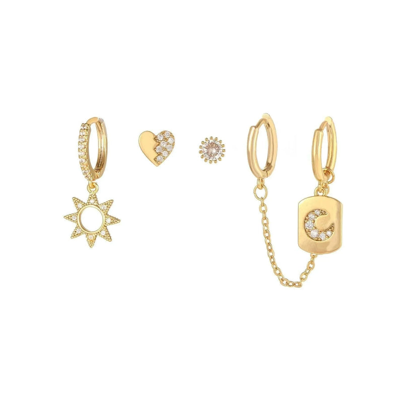 Stacking 5 Pieces Sun & Moon Romance Earring Set, 18k Gold Hoop Stud Drop, S925 Needle, Stacked Lobe Designs with Dazzling Zirconia