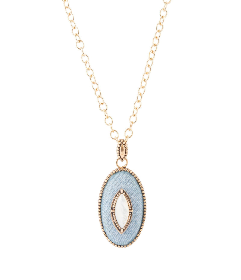 Blue Denim Dreams White Mother of Pearl Golden Pendant Necklace