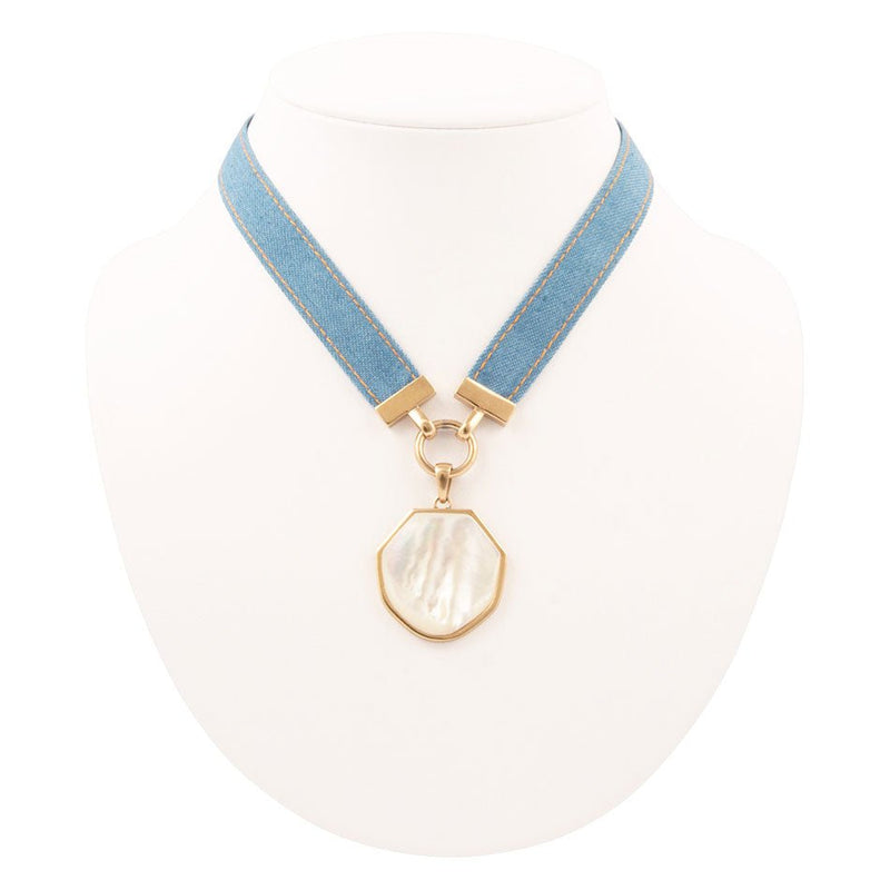 Blue Denim Dreams White Mother of Pearl Ribbon Golden Pendant Necklace