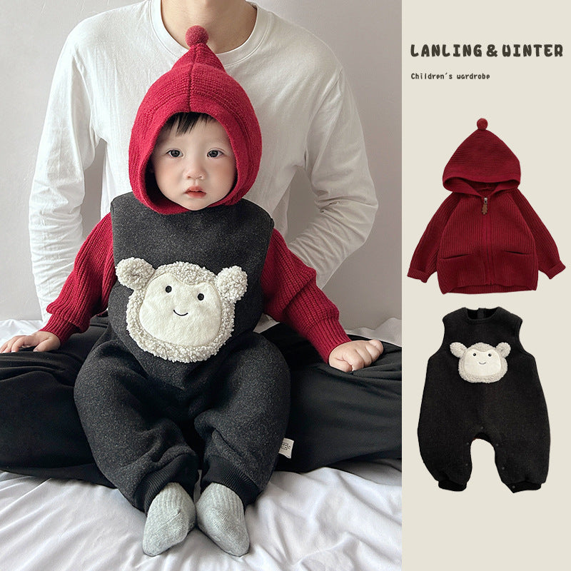 AutumnWinter Fleece-Lined Hooded Jumpsuit With Shoulder Straps