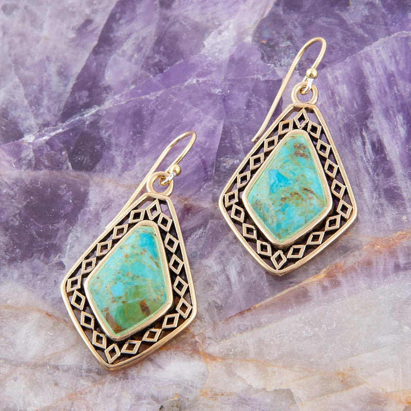 Dimond Blue Turquoise Stone Golden Drop Earrings