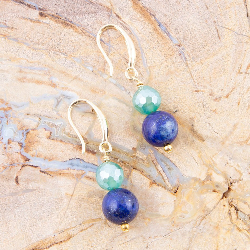 Dreamy Blue Lapis Green Golden Drop Earrings