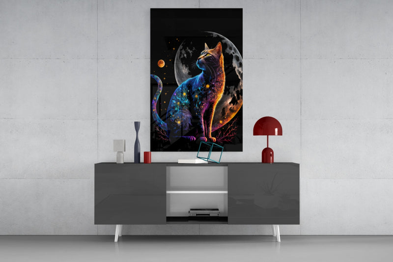 Moon Cat Glass Wall Art  || Designer Collection