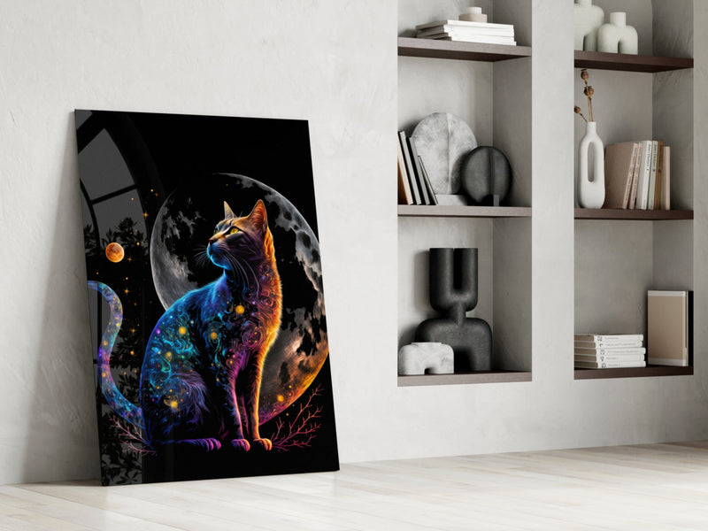 Moon Cat Glass Wall Art  || Designer Collection