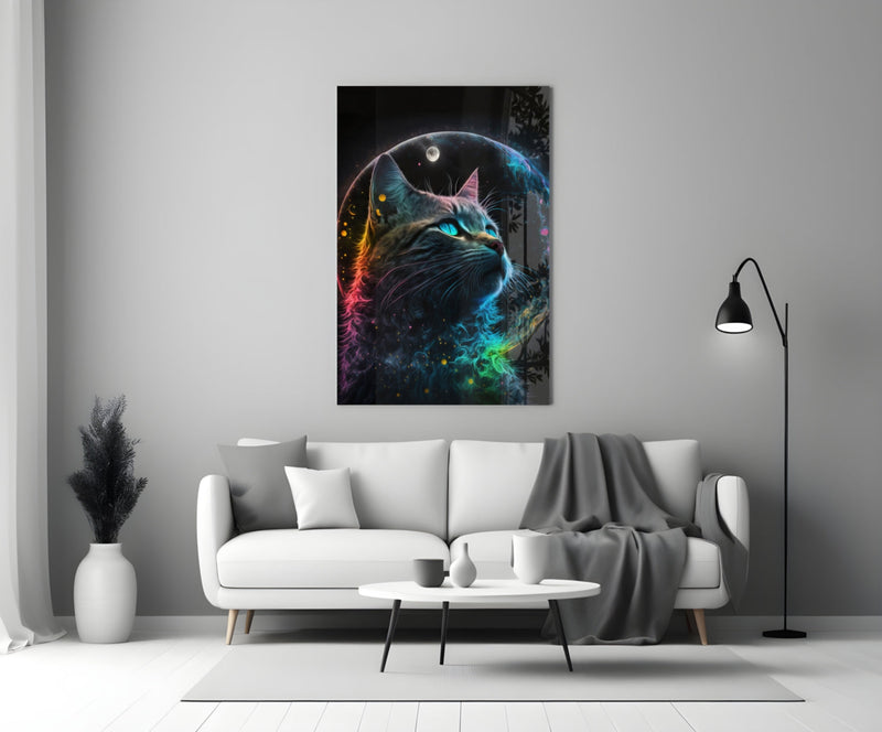 Moon Cat Glass Wall Art  || Designer Collection