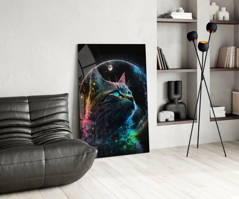Moon Cat Glass Wall Art  || Designer Collection