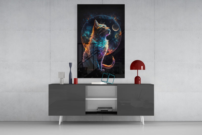 Moon Cat Glass Wall Art  || Designer Collection
