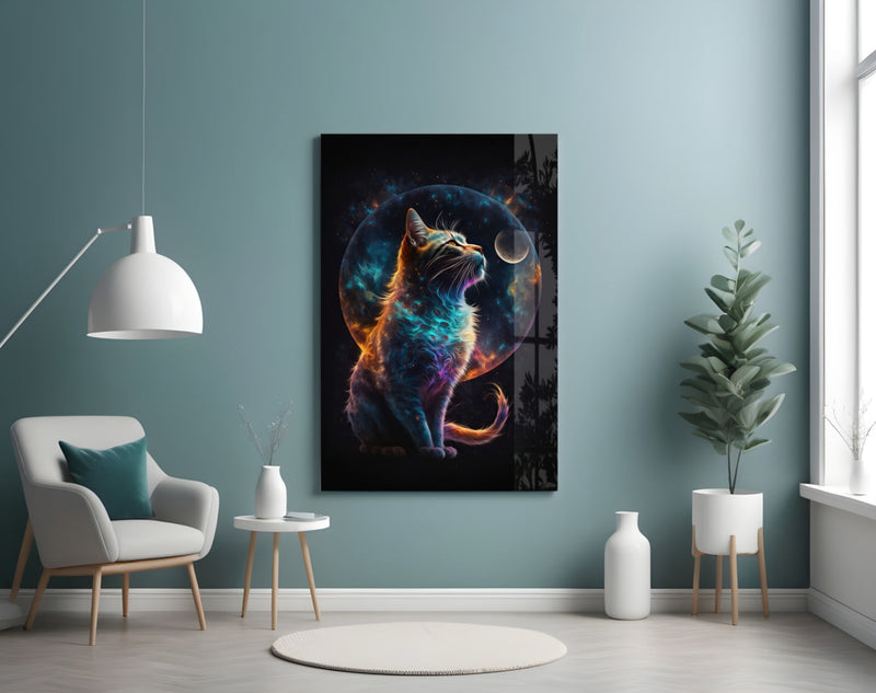 Moon Cat Glass Wall Art  || Designer Collection