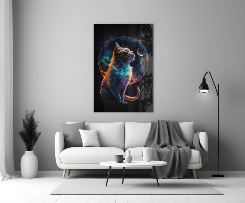 Moon Cat Glass Wall Art  || Designer Collection