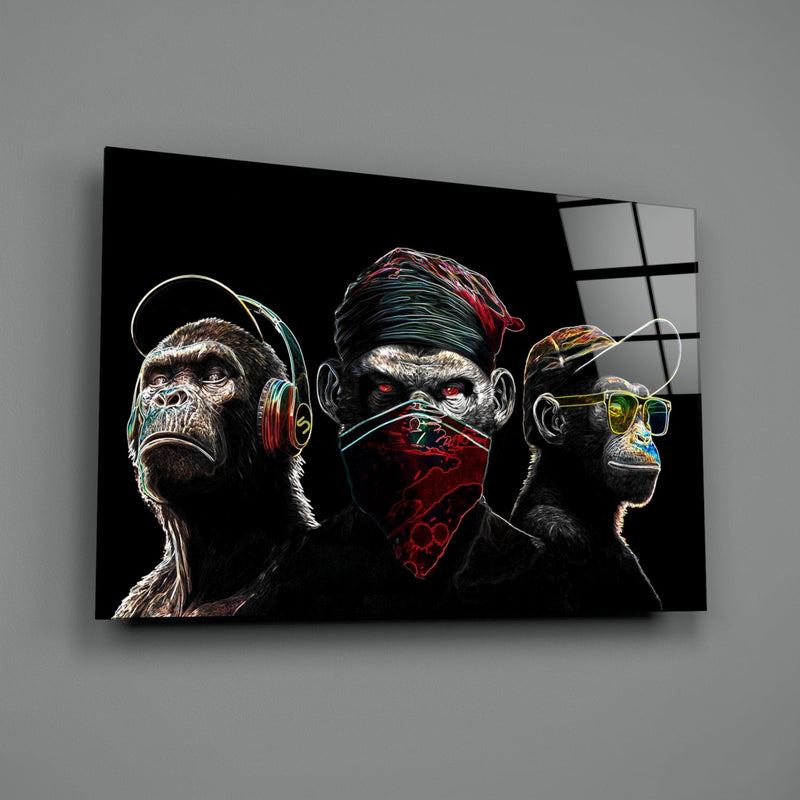 3 Wise Monkeys - Neon Lines Glass Wall Art  || Designer Collection