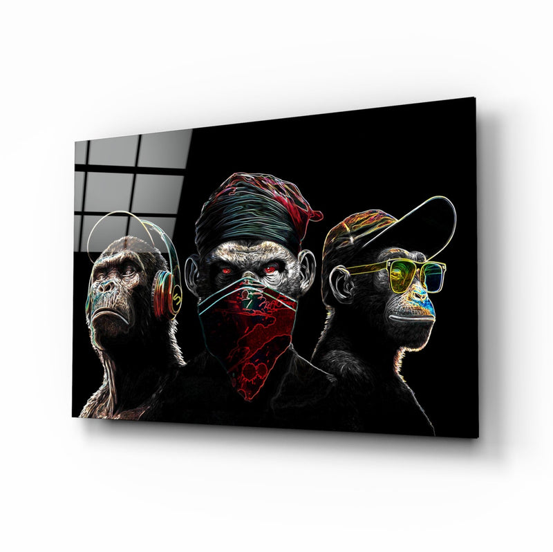 3 Wise Monkeys - Neon Lines Glass Wall Art  || Designer Collection
