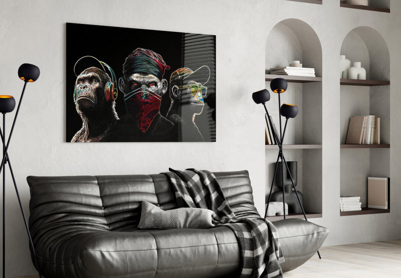 3 Wise Monkeys - Neon Lines Glass Wall Art  || Designer Collection