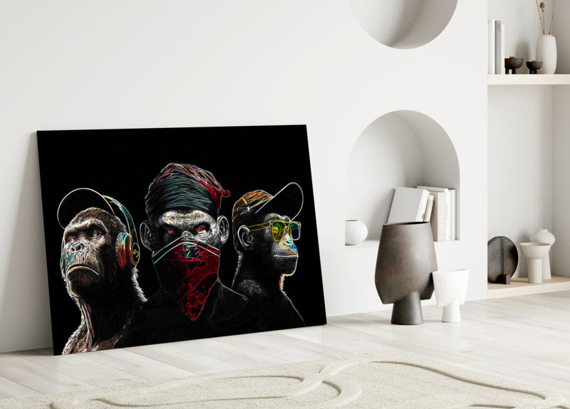 3 Wise Monkeys - Neon Lines Glass Wall Art  || Designer Collection
