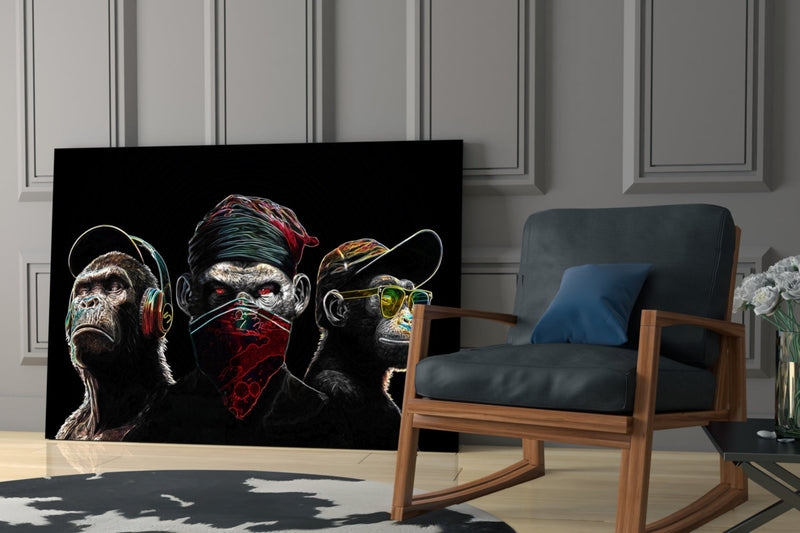 3 Wise Monkeys - Neon Lines Glass Wall Art  || Designer Collection