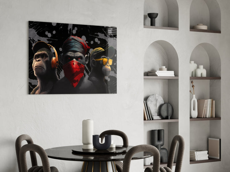 3 Wise Monkeys Glass Wall Art  || Designer Collection