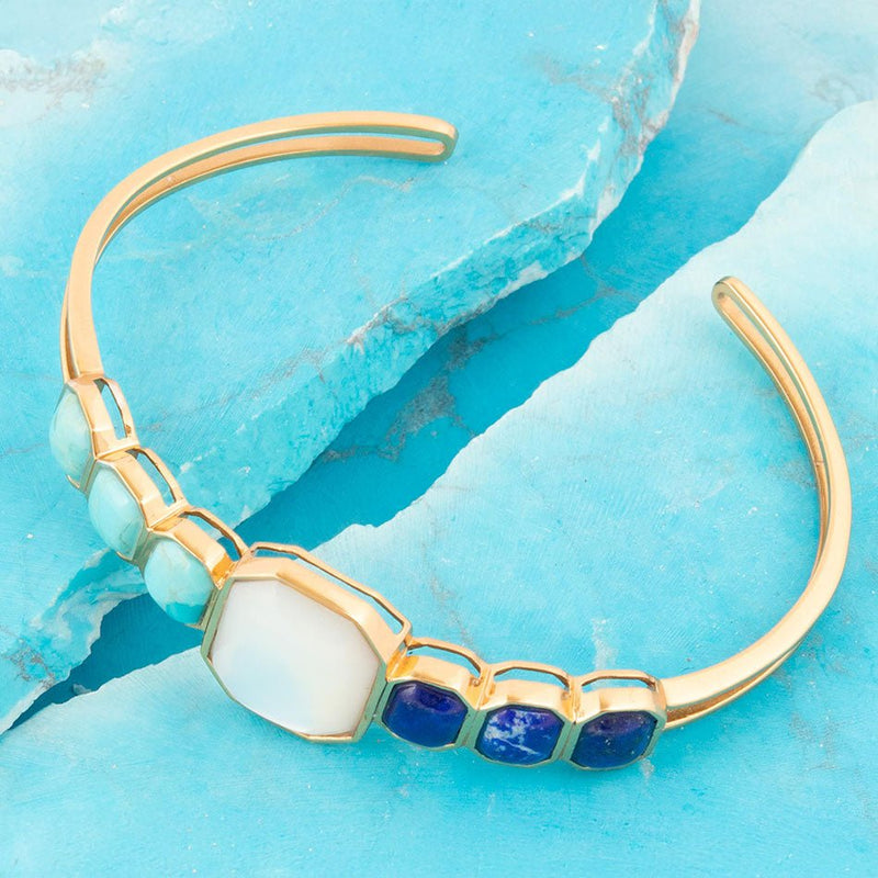 Dual Color Blue Lapis Turquoise and White Mother of Pearl Golden Cuff Bracelet