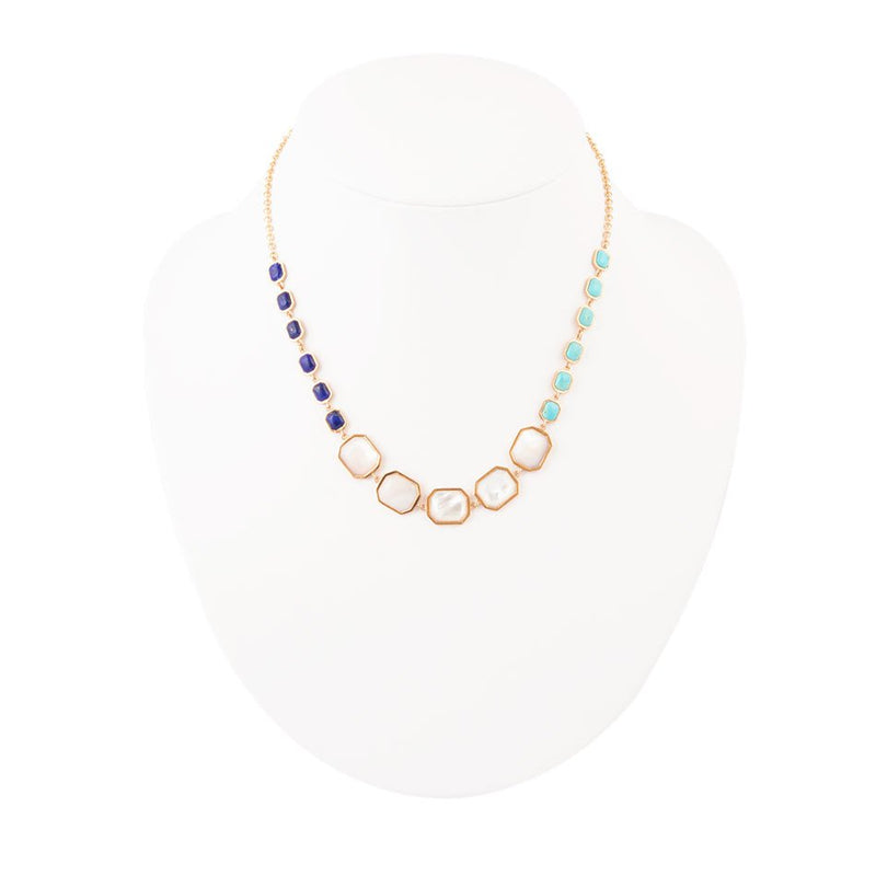 Dual Color Blue Lapis Turquoise and White Mother of Pearl Golden Necklace
