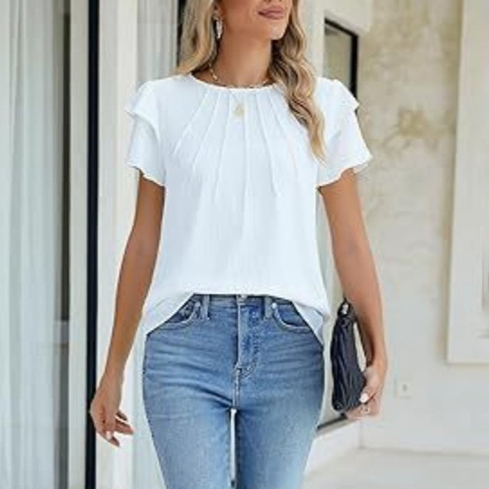 Women's Ruffle Short Sleeve Shirts Dressy Casual Crewneck Tops Trendy Outfits