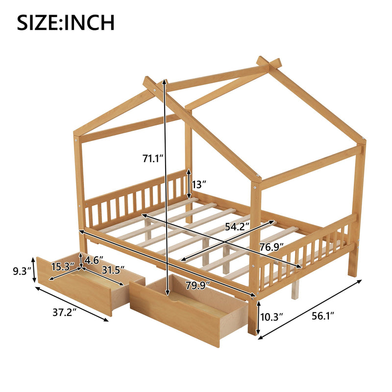 House Style Platform Bed With Headboard, Footboard, 2 Drawers, And Roof Design