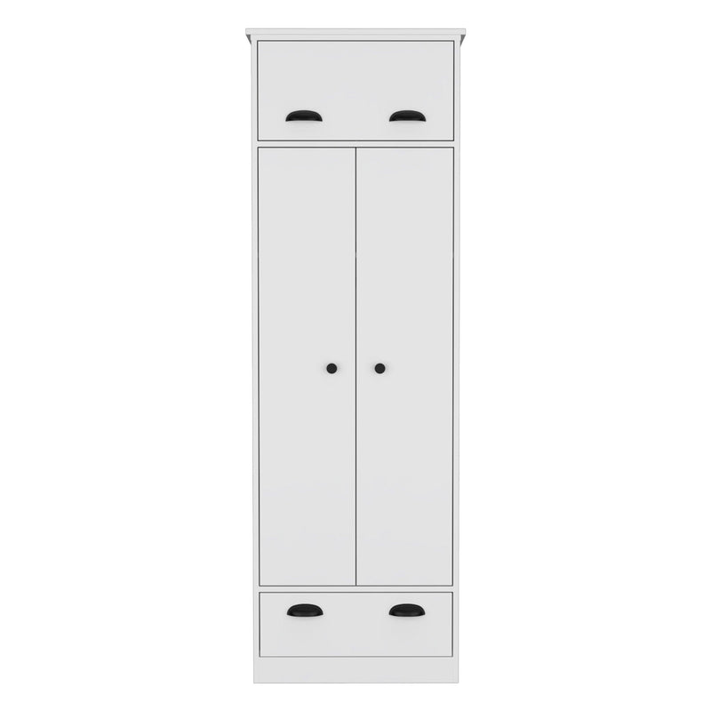Dresser Closet With Upper Storage Covered With 1 Door, 2 Central Shelves, 1 Tube For Hanging Clothes Covered By 2 Doors, 1 Drawer At The Bottom - White