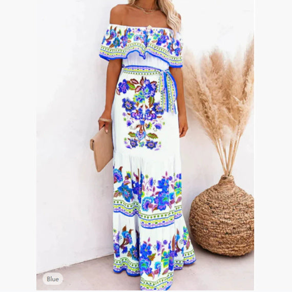 Summer European And American Off-shoulder Printing Belt Long Large Hem Dress