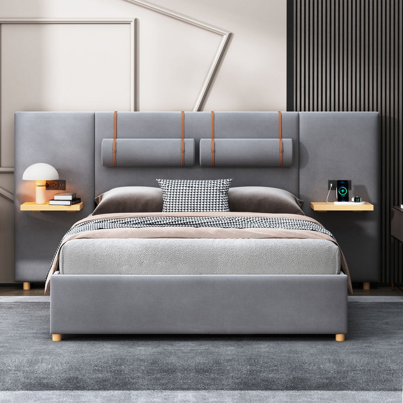 Upholstered Platform Bed, 2 Outlets And USB Charging Ports On Both Sides, 2 Bedside Pillows, Storage Shelves