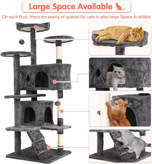 Ultimate 54-Inch Double Condo Cat Tree Tower with Scratching Post & Cozy Perch for Indoor Cats - Stylish Ashy Design