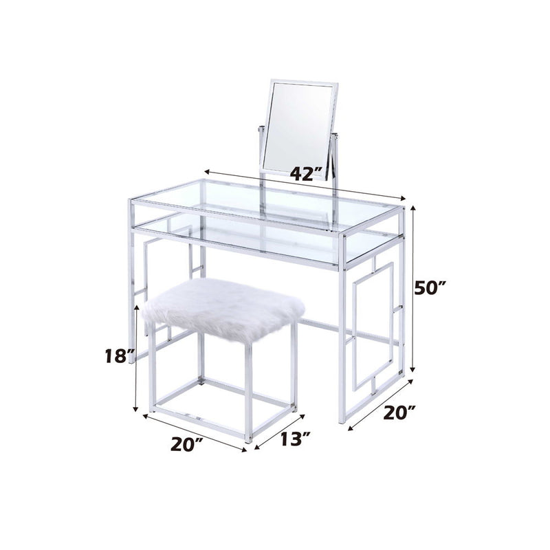 Carenze II - Vanity Set - White Faux Fur & Chrome
