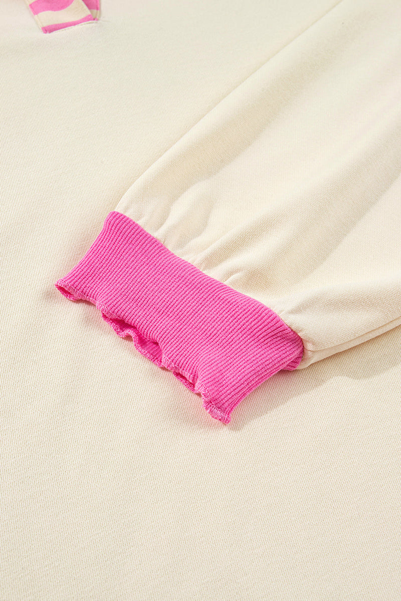 Pink Stripe Contrast Polo Collar Drop Shoulder Patchwork Plus Size Pullover
