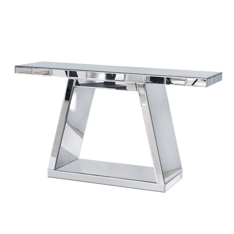 Modern Luxe Full Body Mirror Entryway Table With Trapezoid Base, 360° Reflective Console, Scratch Resistant, Open Storage - Silver