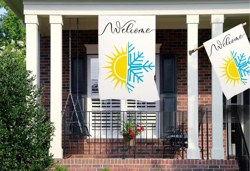 Sun and Snowflake Burlap House Flags for Outdoor, Summer Winter Large Yard Flags 28 X 40 Double Sided Seasonal Decorative Flag for Farmhouse Holiday Decoration
