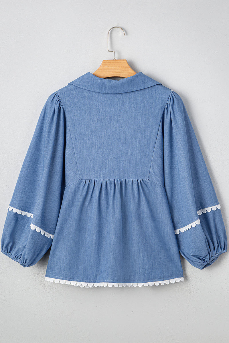 Nevaeh Lace Ric Rac 3/4 Puff Sleeve Collared Babydoll Blouse