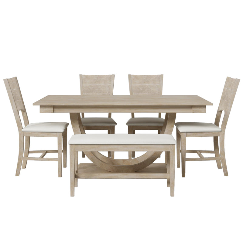 TOPMAX Modern Style Natural Wood 6-Piece Dining Table Set with Bench and Chairs, Upholstered Seats, Rubberwood Frame