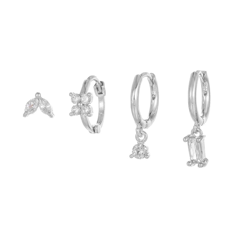 Stacking 4 Pieces Geometric Zircon Stud Earring Set, 18k Gold Plated Ear Studs and Drops, Trendy Sweet Cool Earrings, S925 Needle, Stacked Lobe Designs with Dazzling Zirconia
