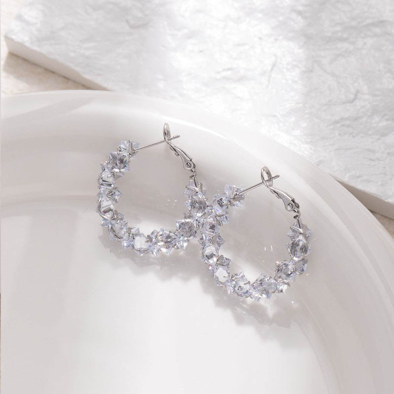 Dazzling Irregular Crystal Circle Hoop Earrings with S925 Sterling Silver Post, New Trend Elegant Geometry Earrings for Women Gifts | Cubic Zirconia