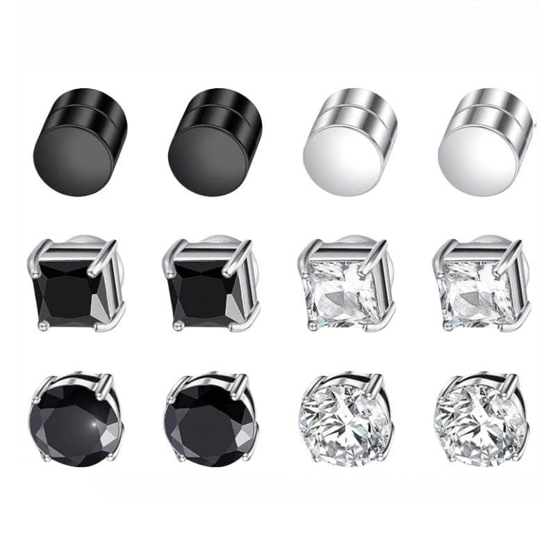 Multi Sets of Stainless Steel Magnetic CZ Stud Earrings for Men Women, 6mm Cubic Zirconia Inlaid Hypoallergenic Earring Packs, Non-Piercing Clip On Earring Combo
