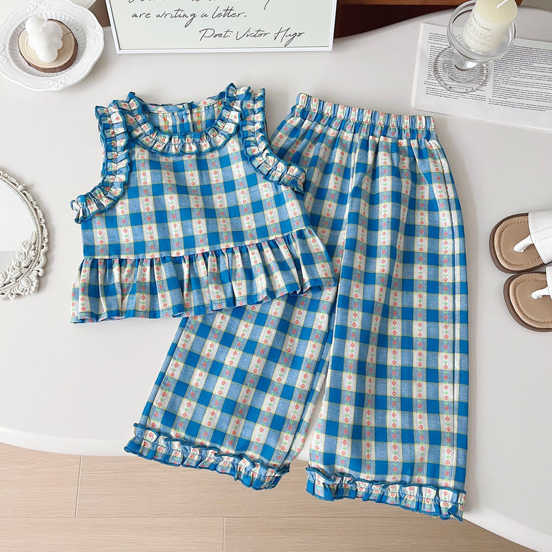 New Summer Korean-Style Polyester Plaid Three-Piece Set For Girls