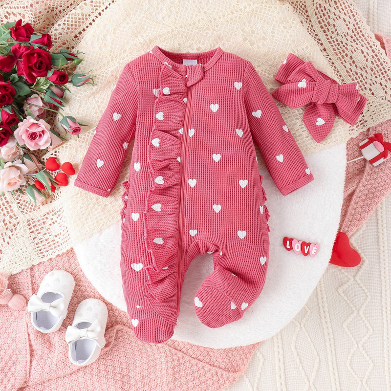 Heart-print Footed Zip-up Onesie Headband Set