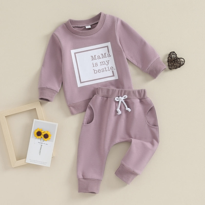Letter-print Long-sleeve Top And Solid-color Pants Two-piece Set