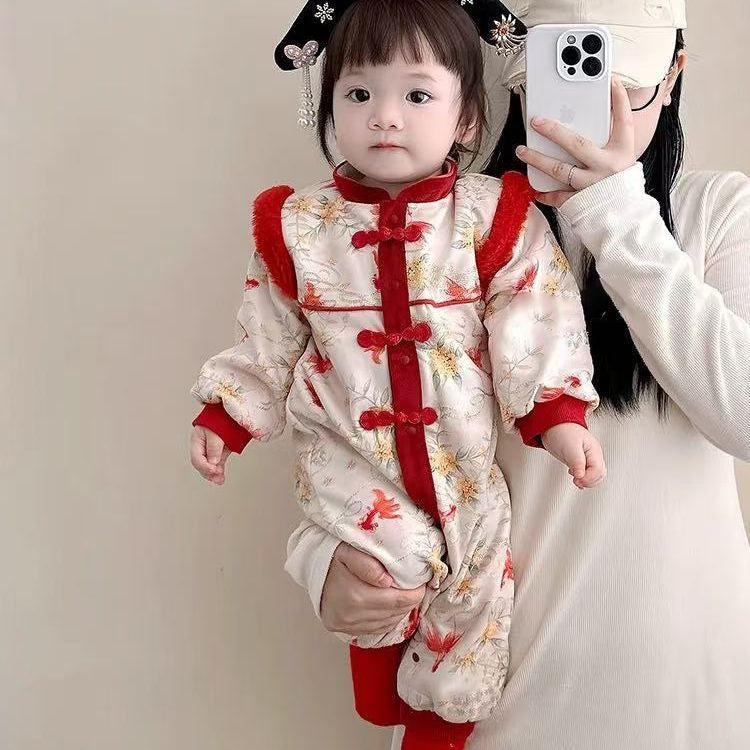 Red Festive Warm Childrens Cotton Padded Jumpsuit