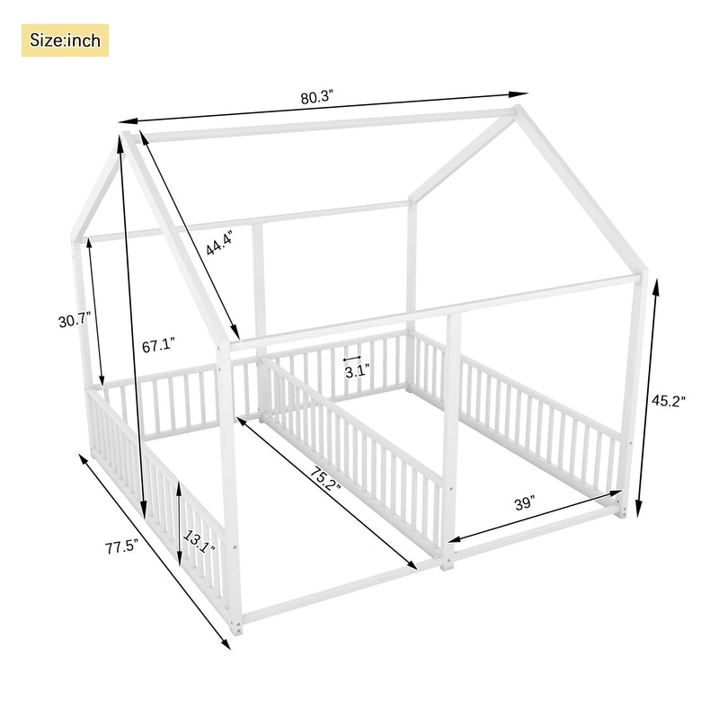 Metal Twin Size House Platform Beds 2 Shared Beds - Antique White