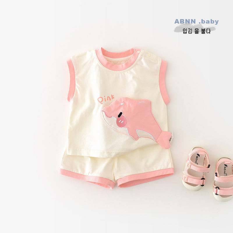 Korean Style Boys And Girls Summer Cartoon Shark Vest Suit