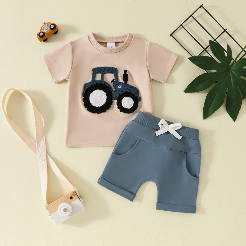 Boy's Clothing Printed Pullover Fashion Round Neck Solid Color Short Sleeve Pocket Shorts