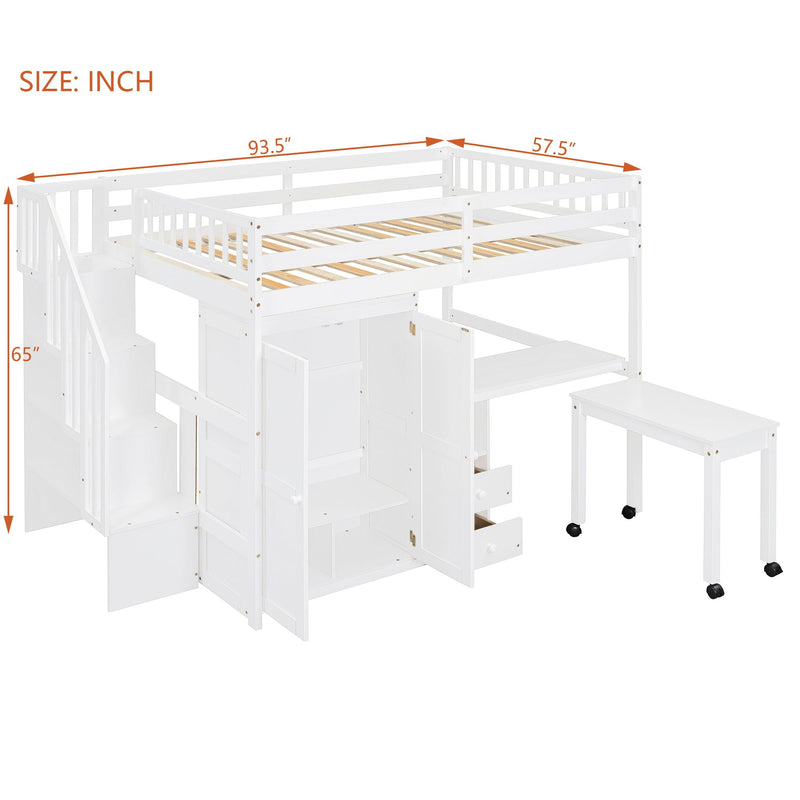 Loft Bed With Stairs, Bookshelf, Drawers, Desk & Wardrobe, Space Saving Multifunctional Furniture