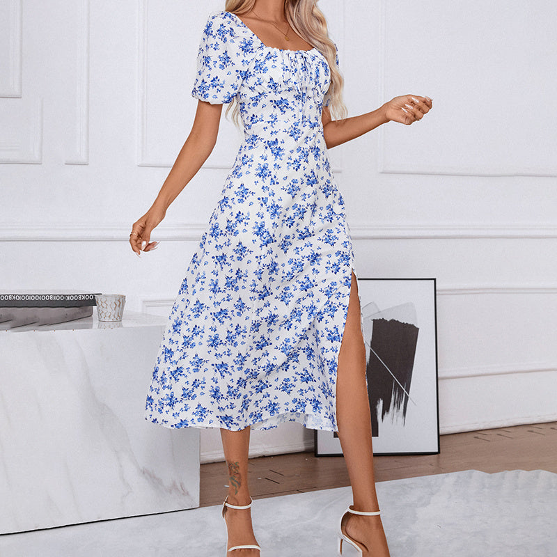 Women's Square Neck Floral Print Dress With Puff Sleeves & Side Slit - Elegant Spring Summer Boho Maxi Dress