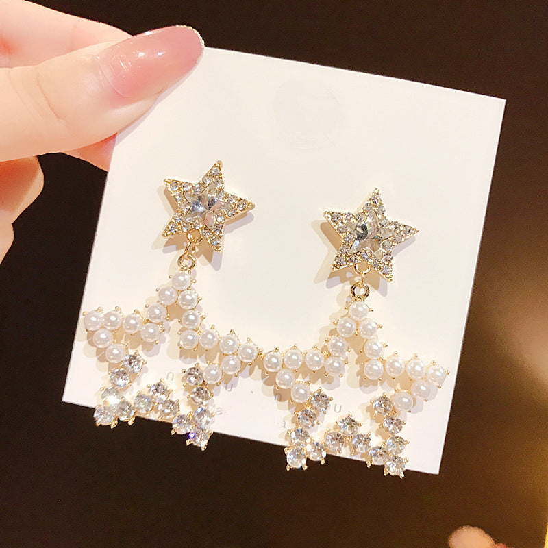 Hollow Pearl Double Star Earrings