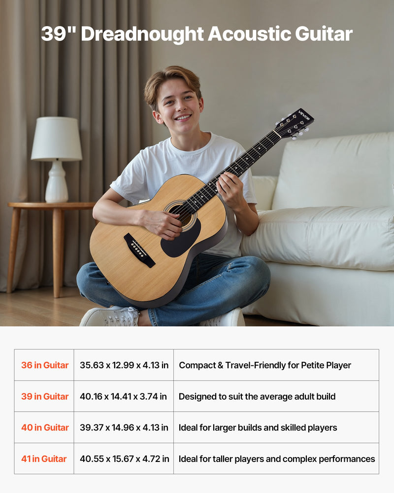 Dreadnought Acoustic Guitar, 39 In, 6-String Natural Solid Spruce Top Guitar, Portable Bundle With Gig Bag, Tuner, Strap, Steel Strings, Picks, Capo, Rosewood Fingerboard, For Beginner Adults