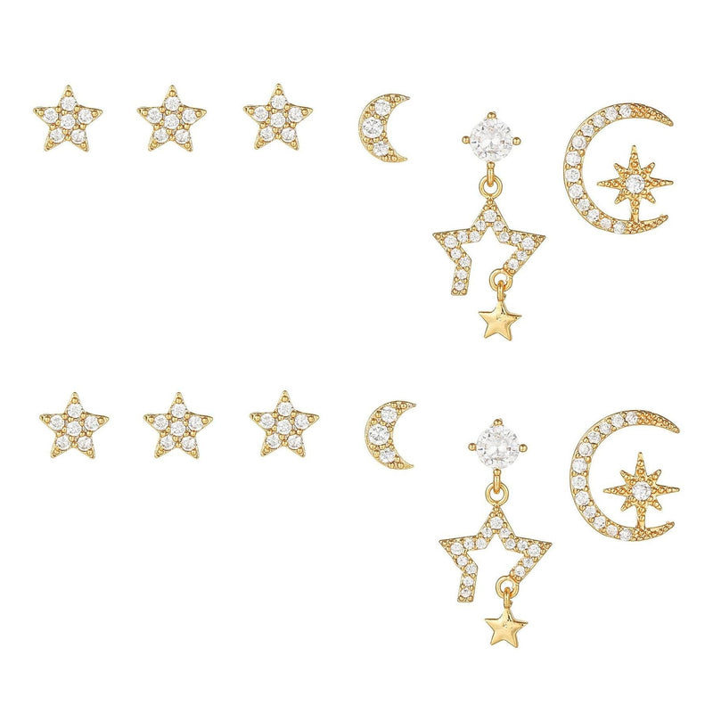 Stacking 6 Pieces Celestial Star & Moon Earring Set, 18k Gold Plated Stud & Drop, S925 Needle, Stacked Lobe Designs with Dazzling Zirconia